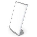 Sign Frame - Desk Top Portrait (210 x 297 mm) SF2129V, a Silver-Coloured, Upright Acrylic Sign Holder with a Curved Base for Displaying Notices or Advertisements on Desks.