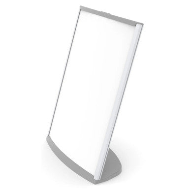 Sign Frame - Desk Top Portrait (210 x 297 mm) SF2129V, a Silver-Coloured, Upright Acrylic Sign Holder with a Curved Base for Displaying Notices or Advertisements on Desks.