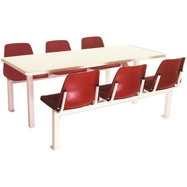 Six-Seater Canteen Rectangular Poly Shell Set DP6, Sturdy Table with Red Plastic Chairs Arranged Around It for Dining or Meetings.