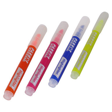 Slimline Highlighters (Pouch 4) PH0401C, Set of Four Colourful Highlighters in Orange, Pink, Blue, and Yellow with Transparent Caps on a White Background.