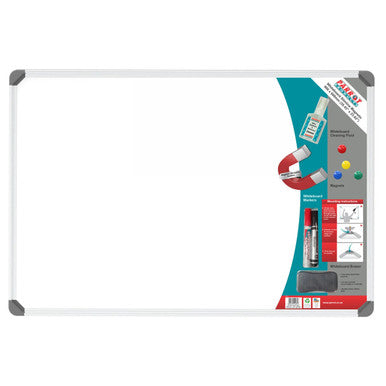 Slimline Magnetic Whiteboard (900 x 600 mm - Retail), Front View of a Whiteboard with a Label and Accessories Including Magnets, Markers, Eraser, and Cleaning Fluid.