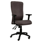 Spine High-back Chair, Ergonomic Office Chair with Dark Fabric Upholstery, Adjustable Armrests, and a Sturdy Black Five-Star Base with Casters for Mobility.