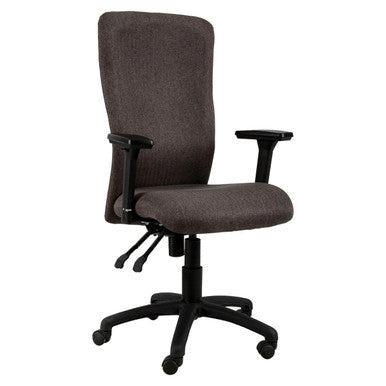 Spine High-back Chair, Ergonomic Office Chair with Dark Fabric Upholstery, Adjustable Armrests, and a Sturdy Black Five-Star Base with Casters for Mobility.