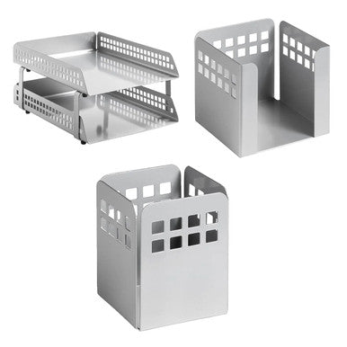 Square Punch Desk Set: Two-Tier Letter Tray, Paper Cube Holder, and Pencil Cup