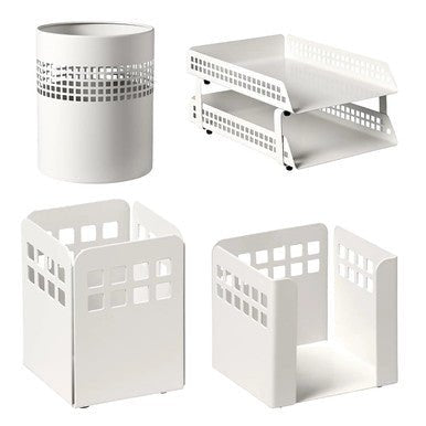 Square Punch Steel Desk Set: Two – Tier Letter Tray, Paper Cube Holder, Pencil Cup, and Waste Paper Bin