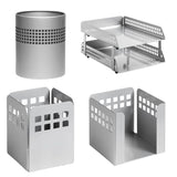 Square Punch Steel Desk Set: Two – Tier Letter Tray, Paper Cube Holder, Pencil Cup, and Waste Paper Bin