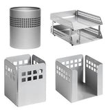 Square Punch Steel Desk Set: Two – Tier Letter Tray, Paper Cube Holder, Pencil Cup, and Waste Paper Bin