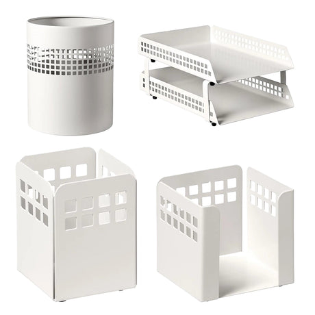 Square Punch Steel Desk Set: Two – Tier Letter Tray, Paper Cube Holder, Pencil Cup, and Waste Paper Bin