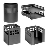 Square Punch Steel Desk Set: Two-Tier Letter Tray, Paper Cube Holder, Pencil Cup, and Waste Paper Bin