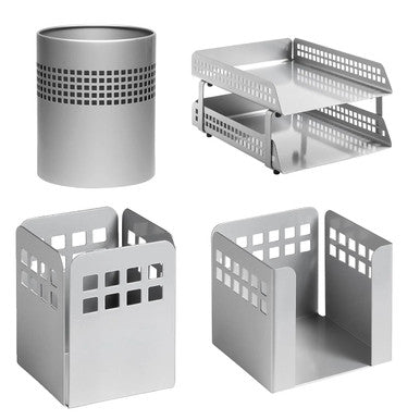 Square Punch Steel Desk Set: Two - Tier Letter Tray, Paper Cube Holder, Pencil Cup, and Waste Paper Bin