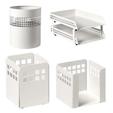 Square Punch Steel Desk Set: Two-Tier Letter Tray, Paper Cube Holder, Pencil Cup, and Waste Paper Bin