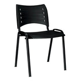 Stacker 500 Plastic Chair, Black Plastic Chair with a Slatted Backrest and Seat, Metal Frame, and Armrests.