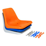 Stadium Seat, Stackable Orange, Blue, and Grey Plastic Seats with Mounting Hardware.