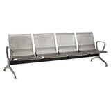 Stainless Steel Airport Bench | JOC-ABC-ASS1, Modern Airport Seating with Four Perforated Metal Seats and Armrests on a Black Base.