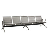 Stainless Steel Airport Bench, Outdoor Seating with Five Perforated Metal Seats and Armrests on Both Ends, Supported by Sturdy Metal Legs.