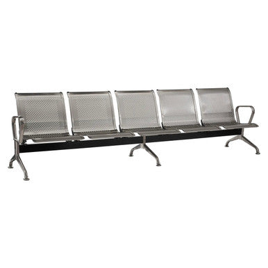 Stainless Steel Airport Bench, Outdoor Seating with Five Perforated Metal Seats and Armrests on Both Ends, Supported by Sturdy Metal Legs.