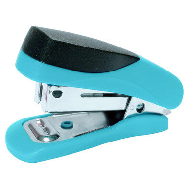 Stapler Plastic Mini Blue + Staples 1000 x 26/6, Blue and Black Desktop Stapler with Staples Included on White Background.