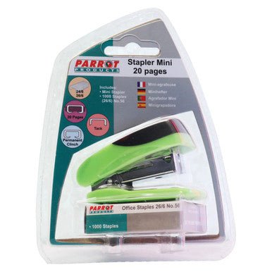 STAPLER PLASTIC MINI GREEN + STAPLES (1000x26/6)