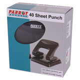 Steel Hole Punch (40 Sheets - Black), Product Image Showing the Black Metal Hole Puncher with a Sturdy Handle and Metal Base Alongside Its Packaging Box.