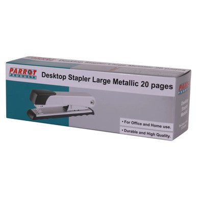 Silver Stapler Box with Brand Name Parrot, Displaying a Metallic Stapler on the Front, Capable as a Tacking Stapler, Loading 210 Standard Staples, Stapling 20 Pages, for Office and Home Use, in a Durable and High-Quality Design.