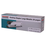 Silver Stapler Box with Brand Name Parrot, Displaying a Metallic Stapler on the Front, Capable as a Tacking Stapler, Loading 210 Standard Staples, Stapling 20 Pages, for Office and Home Use, in a Durable and High-Quality Design.