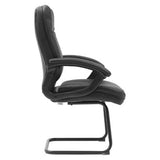 Stud Visitor Office Chair by 67, a Comfortable Office Seating Option with Sleek Black Pleather Upholstery, White Stitching, and Padded Black Nylon Arms, Offering a Modern Aesthetic and Superior Support.