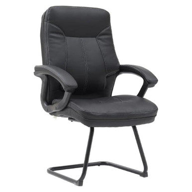 Black Stud Visitor Office Chair by 67, Featuring Sleek Pleather Upholstery, White Stitching, and Padded Nylon Arms, Exemplifying Durable Office Furniture with a Modern Aesthetic, Providing Comfort and Support in a Sturdy Design.