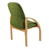 Green Upholstered Tammy Boomerang Four-Legged Visitor Office Chair by 67, Featuring Wooden Frame and Ergonomic Design, Perfect as a South Africa Office Chair, Showcasing Comfortable Seating with Stylish Curved Arms and Sturdy Legs.