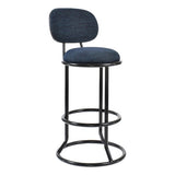Three Ring Barstool with Backrest, Barstool Featuring a Cushioned Seat and Backrest with a Black Metal Frame and Circular Footrest.