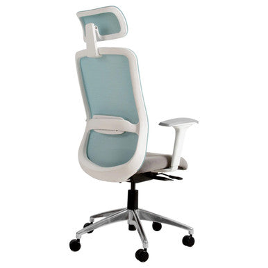 Tide Mesh High-back Office Chair Sac-HCH-Tid-Wh, Ergonomic Office Chair with a Light Blue Mesh Backrest, Adjustable Headrest, Cushioned Seat, and Armrests, Mounted on a Metallic Five-Wheel Base.