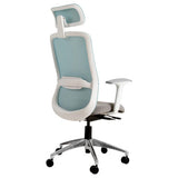 Tide Mesh High-back Office Chair Sac-HCH-Tid-Wh, Ergonomic Office Chair with a Light Blue Mesh Backrest, Adjustable Headrest, Cushioned Seat, and Armrests, Mounted on a Metallic Five-Wheel Base.