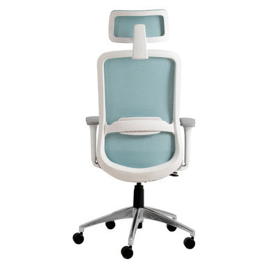 Tide Mesh High-back Office Chair Sac-HCH-Tid-Wh, Ergonomic Office Chair with High Backrest, Adjustable Headrest, Light Blue Mesh Upholstery, Adjustable Armrests, and a Chrome Base with Caster Wheels.