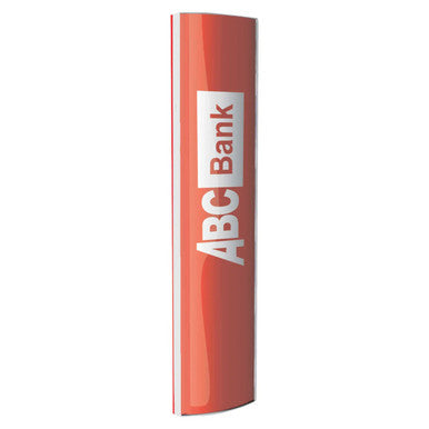 Triangular Tower Sign Frame (210 x 1800 mm) SF3010, a Red and White Vertical Sign with Abc Bank Logo and Text on a Curved Frame.
