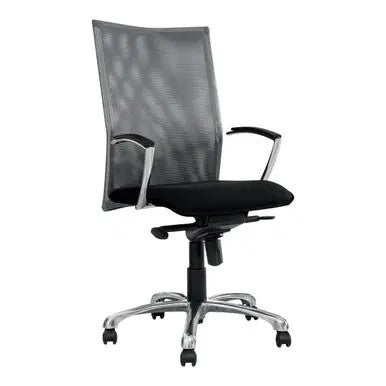 Trinidad Mesh Medium-back Office Chair by 67, a Durable Office Chair with Black Mesh Back, Cushioned Seat, and Silver Metal Base with Wheels, Showcasing Ergonomic Design and Comfort Features.