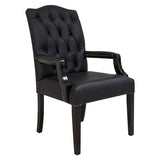 Tripoli Medium-back Office Chair, Black Leather Upholstery with Tufted Backrest and Wooden Armrests with Nailhead Trim.