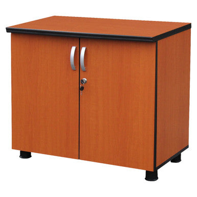 Two Door Credenza FOF-TDC-M405, Modern Wooden Storage Cabinet with Two Doors, Silver Handles, Lock and Key, Black Accents, and Sturdy Black Feet.