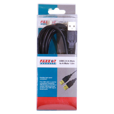 USB 2.0 (a Male to a Male) Cable, 1.8 Metres Long, Black Colour, Shown in Packaging with Brand Parrot Products and Image of the Cable with Gold-Plated Connectors.