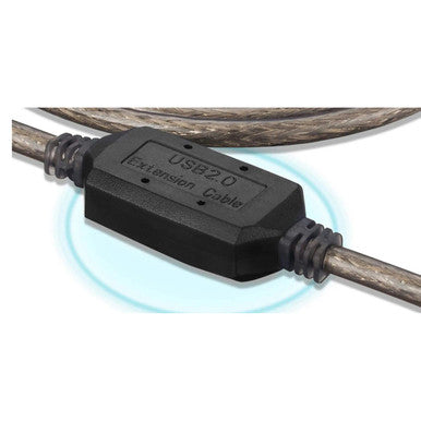 USB 2.0 Am to Bm 20 Metres Extension Cable, Close-Up of the Black Plastic Connector with Braided Cable.