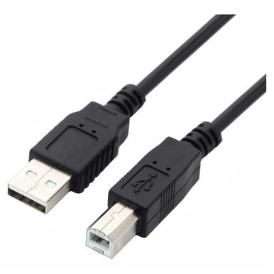 USB 2.0 Am to Bm Cromo (2 Metres) CL2002A, Close-Up Image of a 2-metre Black USB Cable Showing the USB Type-A Male and Type B Male Connectors for Connecting Electronic Devices.