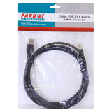 USB 2.0 Am to Bm Cromo 2 Metres, Image of a Black USB Cable with Chrome Connectors Packaged in a Clear Plastic Bag with a Colourful Label.