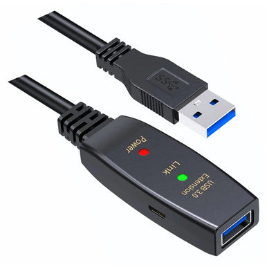 USB 3.0 Active Extension a-Male to a-Female 5M Cable CL2005C, Image of a Black USB Extension Cable with a Male and Female Connector.
