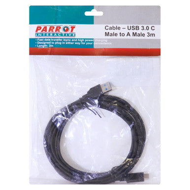 USB 3.0 cm to Am 3 Metres, Black USB Data Cable with USB Type-C to USB Type-a Connectors in Clear Plastic Packaging.