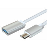 USB-C Male to USB-A Female Adapter, 1M Length, AD2018 Model, Silver-Coloured with White Cable.