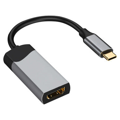 USB-C to HDMI Converter, AD2019, Compact Black and Silver Device with a Short Cable and HDMI Port for Connecting USB-C Devices to HDMI Displays.