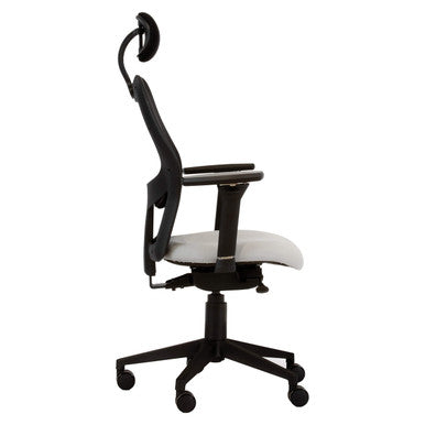 Venus Mesh High-back Office Chair | Sac-HCH-Ven, Black Ergonomic Office Chair with Mesh Backrest, Adjustable Armrests, and a White Cushioned Seat on a Wheeled Base.