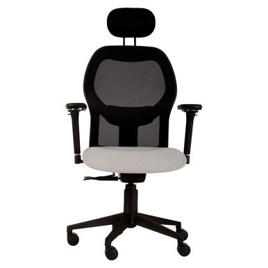 Venus Mesh High-back Office Chair, Modern Ergonomic Office Chair with a Black Mesh Backrest, Adjustable Armrests, Cushioned Seat, and a Headrest on a Swivel Base with Wheels.