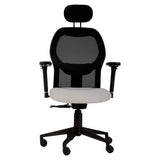 Venus Mesh High-back Office Chair, Modern Ergonomic Office Chair with a Black Mesh Backrest, Adjustable Armrests, Cushioned Seat, and a Headrest on a Swivel Base with Wheels.