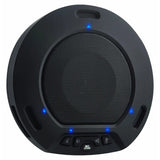 67 Brand Video Conference Wired Speaker/Microphone, a Black Circular Device with Blue Accents, Delivering High-Fidelity Sound, Featuring Adjustable Volume and Three Cardioid Microphones for Clear Audio, with a Compact Design and USB 2.0 Connectivity.