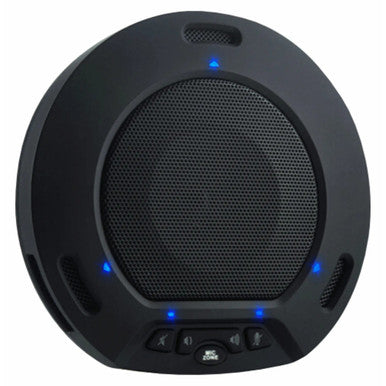 67 Brand Video Conference Wired Speaker/Microphone, a Black Circular Device with Blue Accents, Delivering High-Fidelity Sound, Featuring Adjustable Volume and Three Cardioid Microphones for Clear Audio, with a Compact Design and USB 2.0 Connectivity.