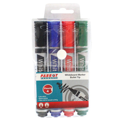 Whiteboard Marker (Bullet Tip - Pouch 4) PW0401A, Transparent Plastic Pouch Containing Four Coloured Markers: Black, Blue, Red, and Green, with Bullet Tips for Writing on Whiteboards.